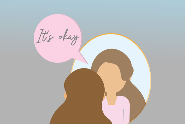 Vector image of woman looking at her self in the mirror saying 'It's okay'